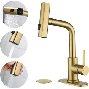 BARROCK Waterfall Bathroom Faucet with 3 Mode Pull Out Rotary Switch Sprayer, Modern Laundry Bar Sink Faucet with Deck Plate, Single Handle Stainless Steel Basin Faucets for 1 or 3 Holes, Brushed Gold