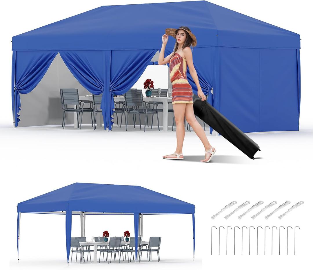 10X20Ft Pop Up Canopy Tent with 6 Sidewalls, Easy Up Canopy with 6 Sandbags, UPF 50+ Portable Outdoor Canopy Tent with Carrying Bag for Camp, Beach, Patio