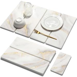 Large Stone Dish Drying Mat for Kitchen Counter, 2 PCS Quick Dry Stone Mats, Foldable Water Absorbing Diatomaceous Earth Drying Dishes Pad for Countertop Bottle Utensil Cup(Yellow White 24"x16"&8"x4")