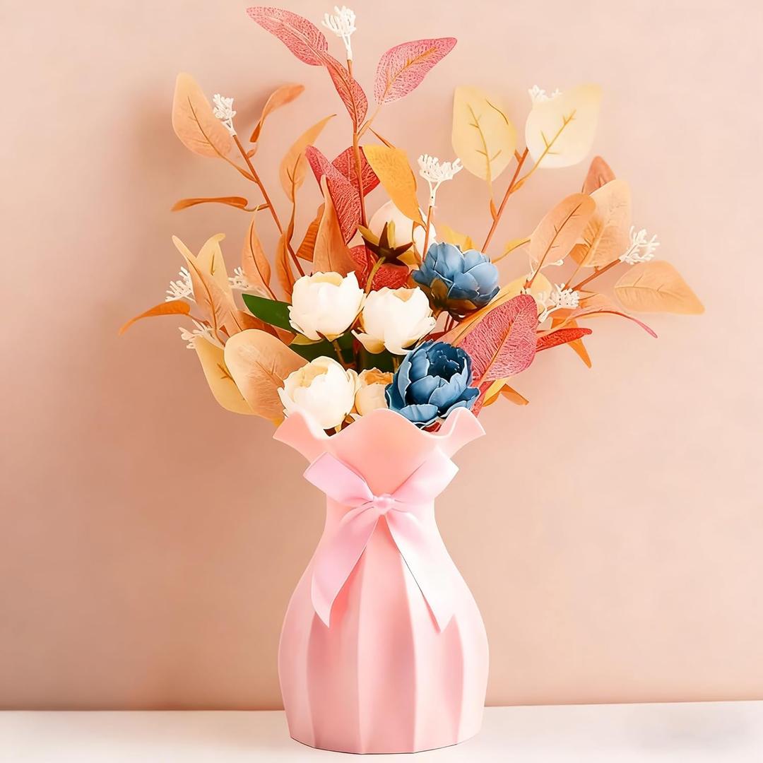 Small Plastic Flower Vase, Ceramic-Look Decorative Vase for Dried & Artificial Flowers, Cute Unbreakable Vase for Home Living Room Dining Wedding Decor(Pink)