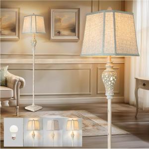 Rustic Floor Lamp 65'' Tall with Nightlight Cut Corner Linen Fabric Shade Vintage Standing Lamp for Living Room, Bedroom, Office, House (Bulb Included) (Cream-No Tray)