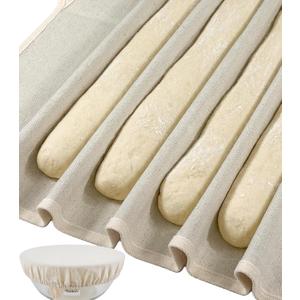 XL Bakers Couche 39x25" for French Baguette Dough Making, Linen Cotton Bread Baking Proofing Cloth and 10in Reusable Bowl Cover Set