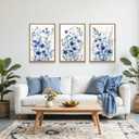 FWIEXA Blue White Wildflower Canvas Wall Art Set of 3, Framed Navy Chinoiserie Watercolor Botanical Pictures Wall Decor, Minimalist Floral Paintings Artwork, 16x24In Florals Prints for Living Room, Bedroom, Bathroom
