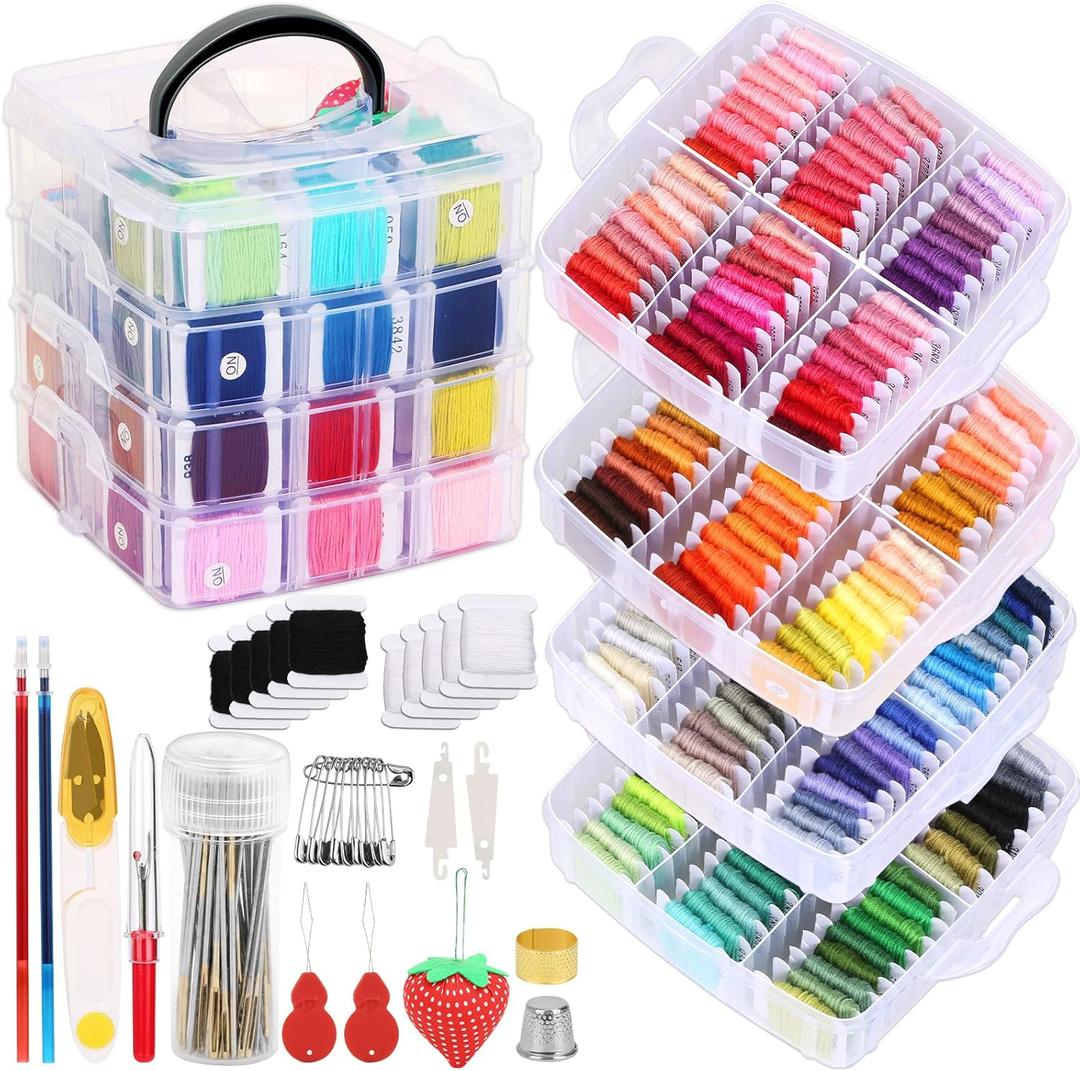 PAXCOO 276 Pack Embroidery Floss Thread Kit Including 210 Colors Cross Stitch Sewing Thread with 66 Pcs Embroidery Accessories and 4-Tier Transparent Embroidery Thread Storage Organizer Box
