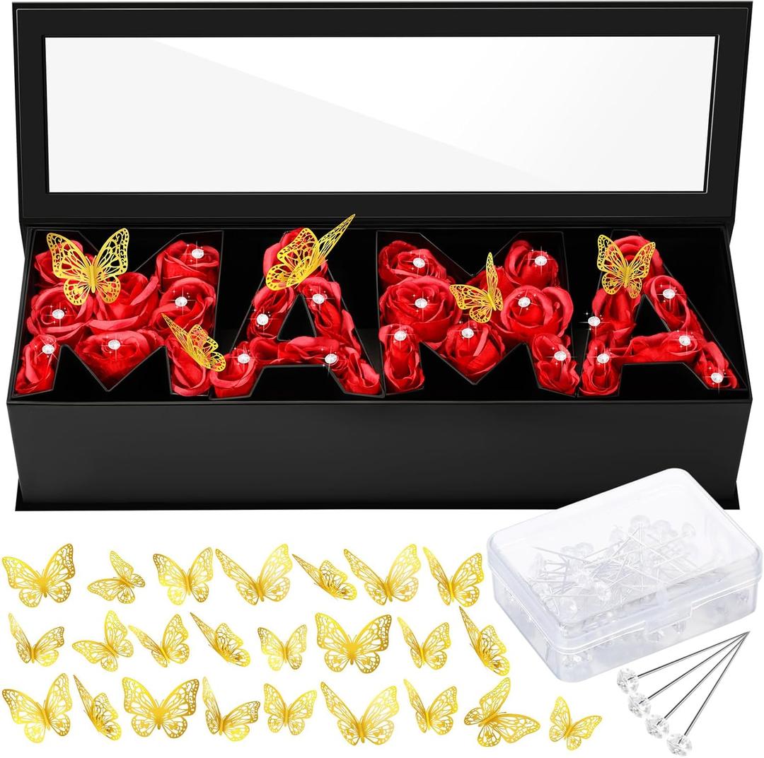 Ireer Mother's Day Mama Empty Flower Gift Box Cardboard Letter Shaped Fillable Box with Plastic Liners 50 Crystal Bouquet Pins 24 Gold Butterfly Decorations for Valentine Mom Birthday DIY(Black)