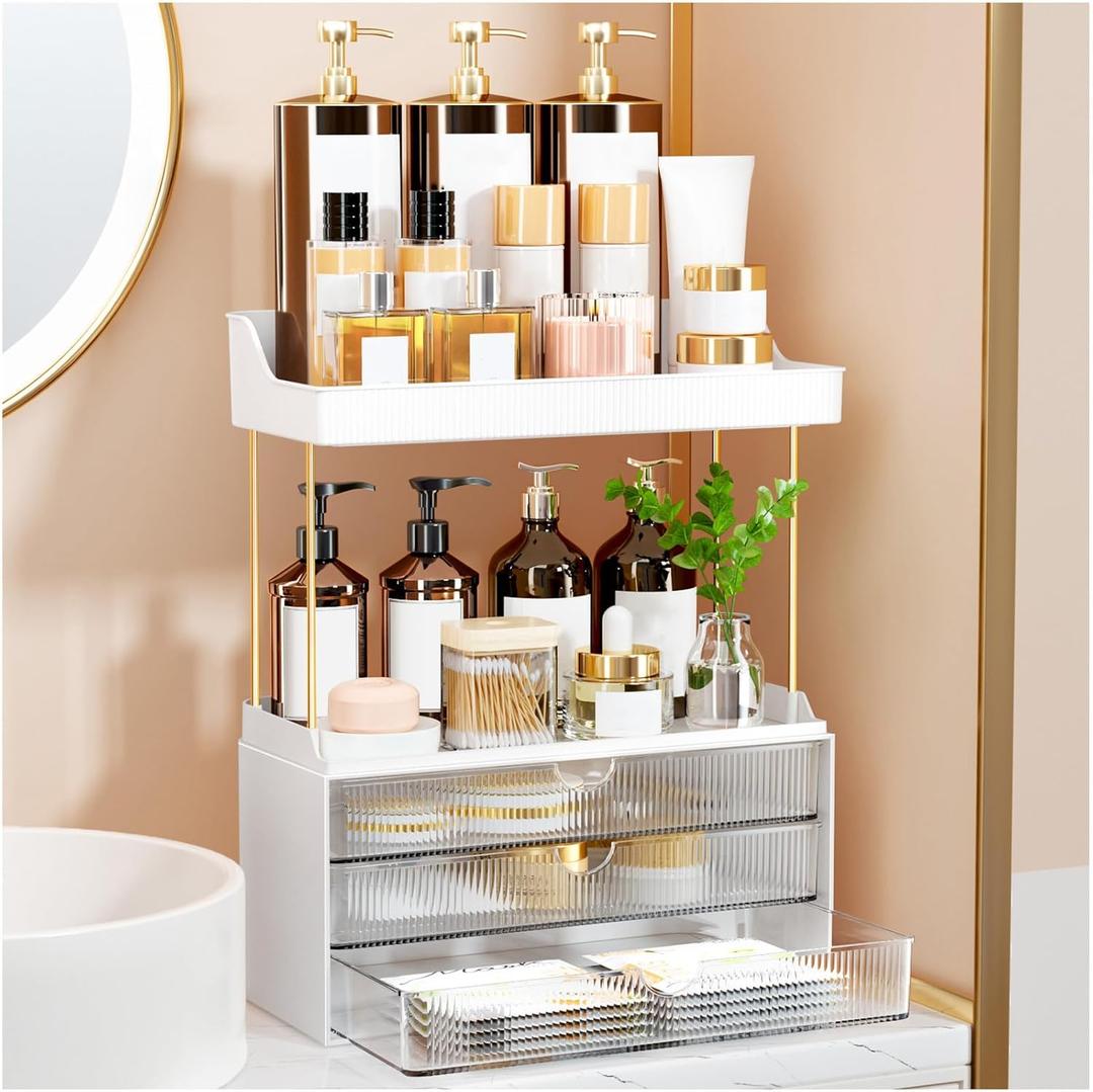 3 Drawers Bathroom Counter Organizer - 5 Tier Makeup Organizer, Versatile Perfume Organizer, Ideal for Bathroom Storage, Vanity, Large Skincare, Perfume, Present, Clear