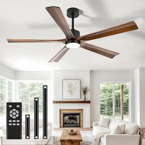 heimo 60 Inch Ceiling Fans with Lights and Remote, Wood Indoor Outdoor Ceiling Fan with Light for Patios Living Room Bedroom 5 Blades Large Mid Century Modern Waterproof Outside Fan (Walnut)
