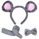 DALJIAFA Halloween Mouse Ears Headband Bow Tie Tail Mouse Hair Hoops Bands Bowtie Women Animal Headpiece Hairband Christmas Cosplay Dress Up Masquerade Festival Parade Birthday Party Accessories Gray
