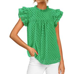 BTFBM Casual Summer Tops for Women 2026 Short Ruffle Sleeves Shirts Crew Neck Hollow Out Lace Embroidered Blouses (Small, Green)