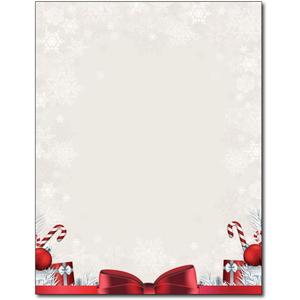 Holiday Present Stationery - 80 Sheets - Red Bow & Candy Cane Holiday Design with Snowflake Border, Festive Printable Paper for Christmas Letters & Party Invitations - 8.5 x 11