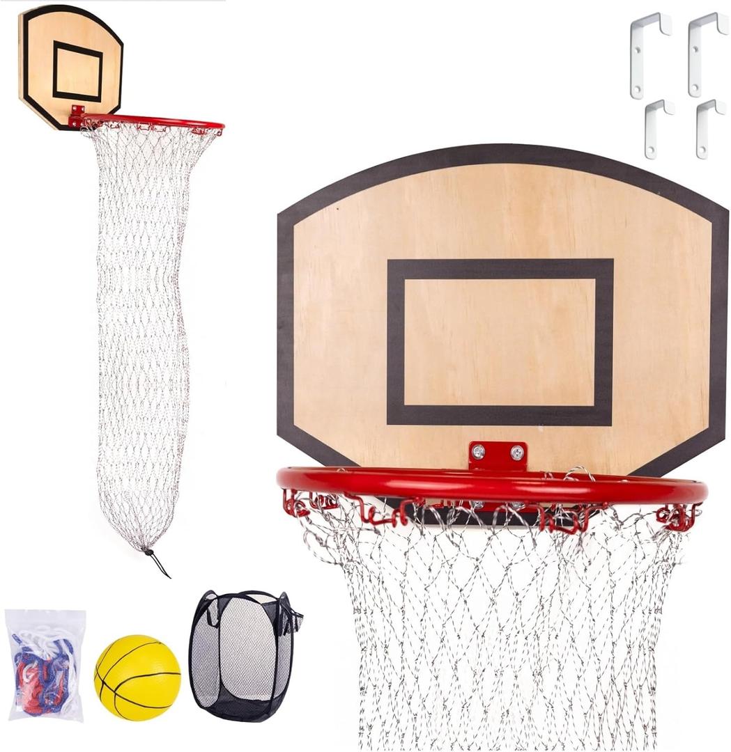 Wooden Basketball Hoop Hamper,Over The Door Laundry Hamper,Two Different Hook Sizes,Basketball Set+Clothes Basket,Storage & Fun 2 in 1
