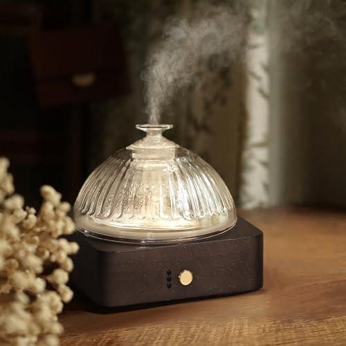 Glass Dome Essential Oil Diffuser with Glass Reservoir & Wood Base-Plastic Free, 200ml Ultrasonic Diffuser for Aromatherapy with Timer 7 Color Light Auto-Off for Gift Home Office Yoga Dark Brown