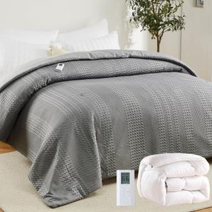 GarveeHome Queen Heated Comforter Electric Blanket, 90"*90" Waffle Weave Heating Blanket with Wireless LCD Controller, 6 Heat Levels & 2-10H Time Settings, UL Certified, Grey