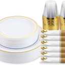 M MCIRCO 175 Piece Gold Dinnerware Set - 50 Plastic Plates, 25 Cups, 25 Pre Rolled Napkins with Plastic Silverware, Disposable Gold Dinnerware Set for 25 Guest
