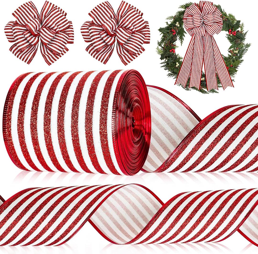 Whaline Christmas Peppermint Stripe Wired Edge Ribbon 4 Inch Glitter Christmas Red White Stripes Ribbon for Xmas Winter Tree Bow Wreath Craft Gift Wrap Holiday Home Decor, 15 Yards
