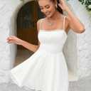 Summer Strap Lace Mini Dress Square Neck Ruffle A Line Swing Beach Sundress for Women 2025 (White, S)