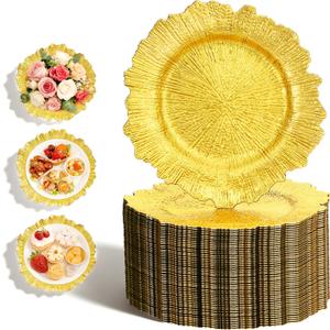 Gold Charger Plates Bulk 100Pcs, 13 Inch Gold Reef Charger Plates for Dinner Plates, Reinforced PP Plastic Reusable Dinner Chargers for Wedding, Christmas, Thanksgiving, Party, Caterers, Banquets