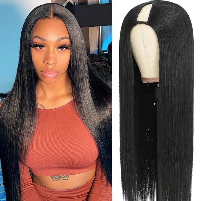 CHEETAHBEAUTY V Part Wigs Human Hair Straight V Shape Wigs for Black Women Upgrade U Part Wigs No Leave Out No Sew In No Glue Clip in Half Wigs 180% Density Natural Black 18Inch