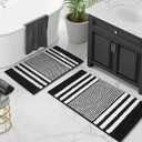 Tindbea Bathroom Rugs Set 1 Piece, Extra Soft and Absorbent Fluffy Striped Chenille Bath Mat Rug Set, Non Slip Bathroom Floor Mat, Machine Washable (20" x 32" Plus 16" x 24", Black)