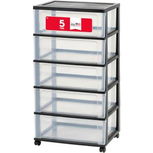 IRIS USA Plastic Drawer Storage Organizer Rolling Cart, with Wheels Casters, 5-Drawers, for Art Craft Supplies Bathroom Dorm Bedroom Laundry Room, Wide, Black