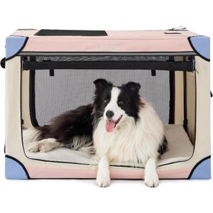 Lesure Soft Collapsible Dog Crate - 36 Inch Portable Travel Crate for Large Dogs Indoor & Outdoor, 4-Door Foldable Pet Kennel with Mesh Windows, Pink