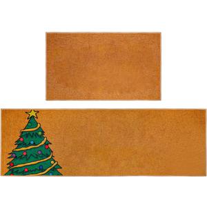 JEQAX 2 Pcs Christmas Kitchen Mat and Rug Decorations, Xmas Brown Door Mats Floor Rugs, Non Slip Washable Indoor Rugs for Bathroom Toilet Laundry Bedroom Holiday Home Decor