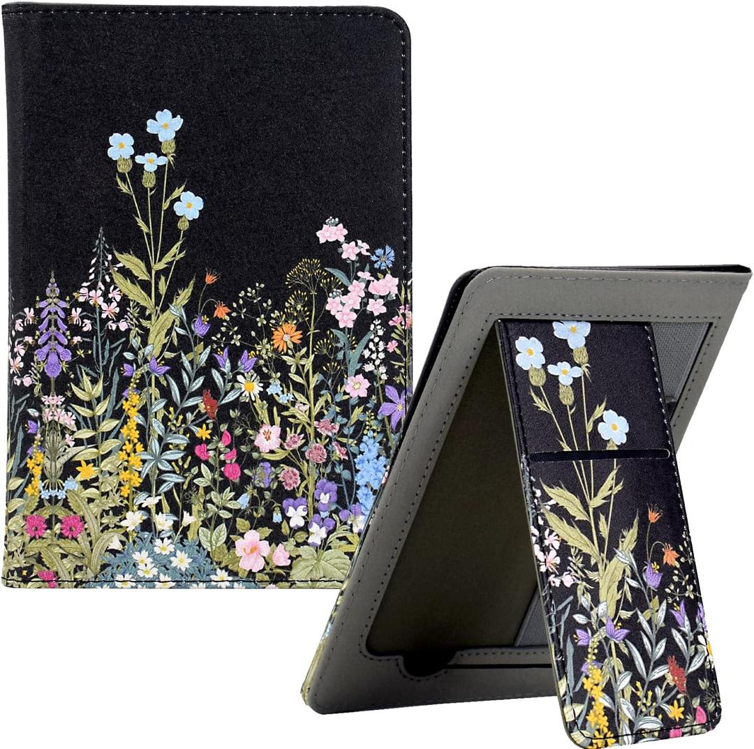 KEROM Universal 6 inch eReader Case, Universal eReader Case 6 inch, PU Leather Stand Cover with Hand Strap for All 6'' Kindle/Kindle Paperwhite/Kobo/Tolino/Nook/Sony/InkBook E-Book Reader, Flowers (Floral)