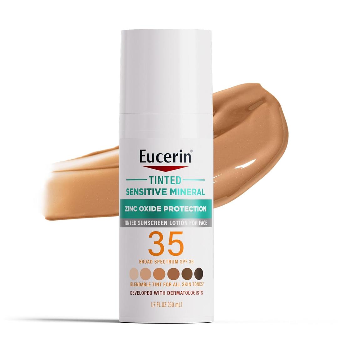 Eucerin Sun Tinted Sensitive Mineral Face Sunscreen Lotion SPF 35, Non-Comedogenic Mineral Sunscreen with Gentle Zinc Oxide Protection for Sensitive Skin, 1.7 Fl Oz Bottle Eucerin Sun Tinted Sensitive Mineral Face Sunscreen Lotion SPF 35, Non-Comedogenic Mineral Sunscreen with Gentle Zinc Oxide Protection for Sensitive Skin, 1.7 Fl Oz Bottle