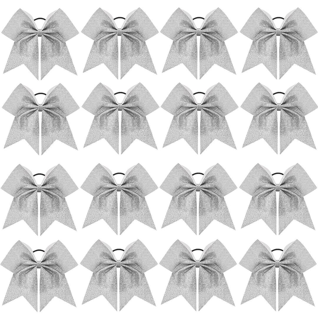 16 PCS 8" Large Glitter Cheer Bows for Cheerleaders, CN Sparkly Hair Bows with Elastic Hair Ties Accessories for Teens Girls Women Cheerleading Softball Competition Sports (Silver)