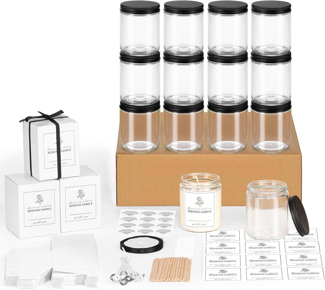 12 Pack 8OZ Glass Jars with Metal Lids, Candle Jars with Candle Making Kits, Labels, Gift Box, Empty Canning Jars, for Food Storage, Spice, Liquid