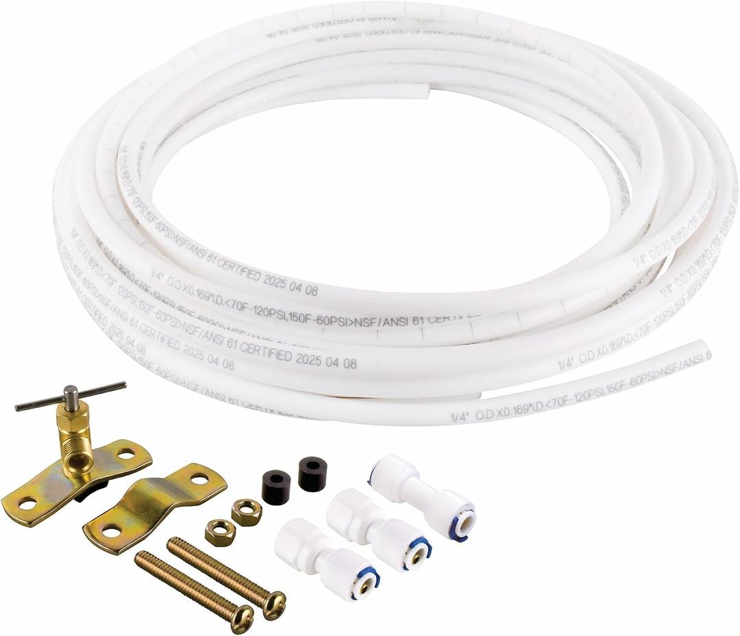 Homewerks 7252-25-14-PTC Ice Maker Supply Line and Humidifier Installation Kit 1/4-Inch x 25ft Push to Connect Poly Tube Universal Compatibility, Brass