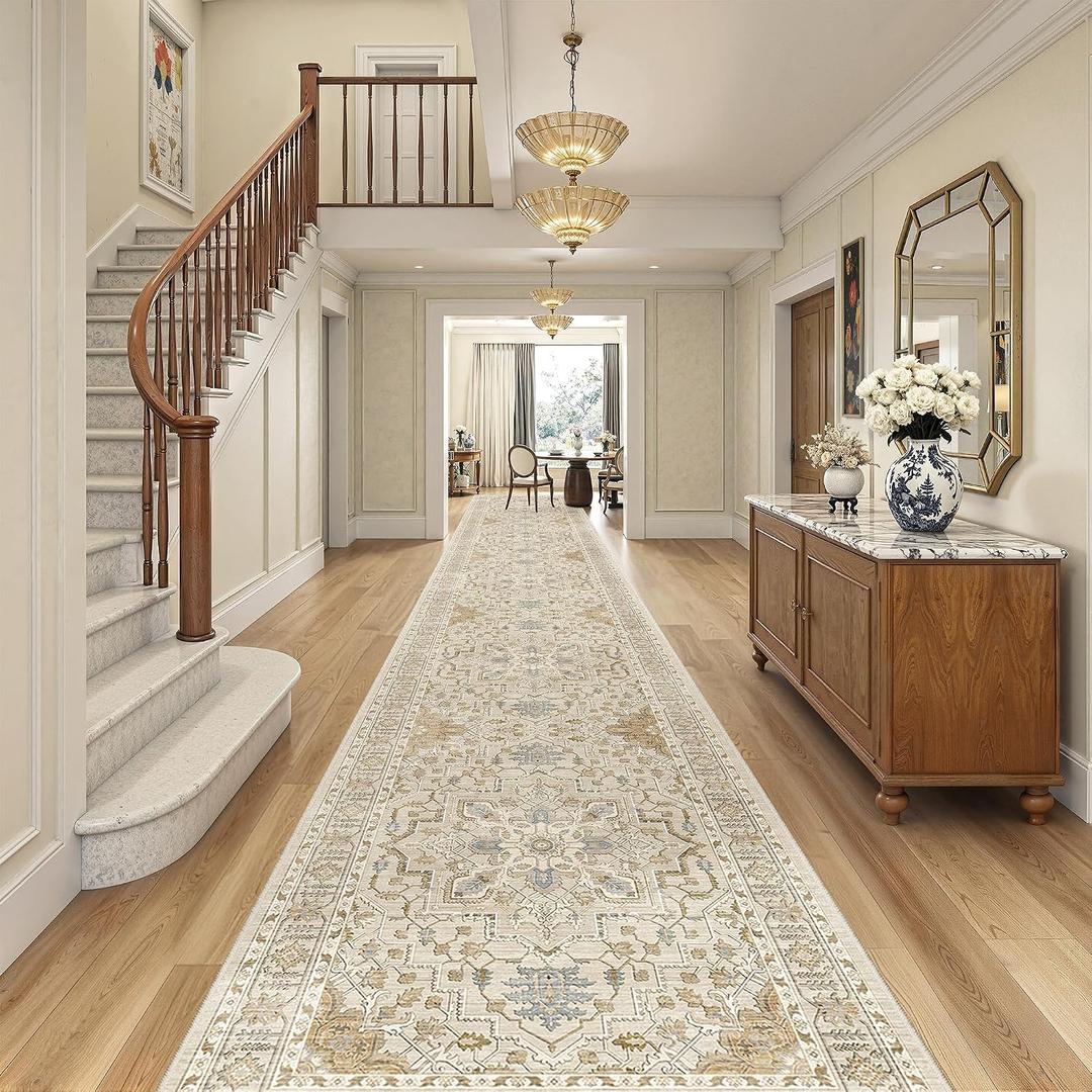 Madane 3x20 Hallway Runner Rug - Extra Long Carpet Runners for Hallways 20ft Non Slip Stain Resistant Rugs Runner for Living Room Bedroom 20 Feet Distressed Floor Carpet for Kitchen, Beige/Blue
