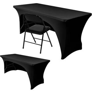 Nasitos 2 Pack Spandex Fitted Black Tablecloth for 4 Foot Tables-Open Back Folding Table Cover Washable Fabric Stretch, Tight and Wrinkle Resistant Table Protector for Trade Show, Craft Show, Events