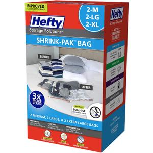 Hefty Shrink-Pak - 2 Medium, 2 Large, 2 XL Vacuum Seal Storage Bags  Space Saver Bags for Clothing, Pillows, Towels, or Blankets, 6 Pc Set