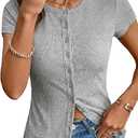Sidefeel Summer Tops for Women 2026 Cap Sleeve Ribbed Button Down Crewneck Slim Fitted Cute Going Out Tops, Gray, Small