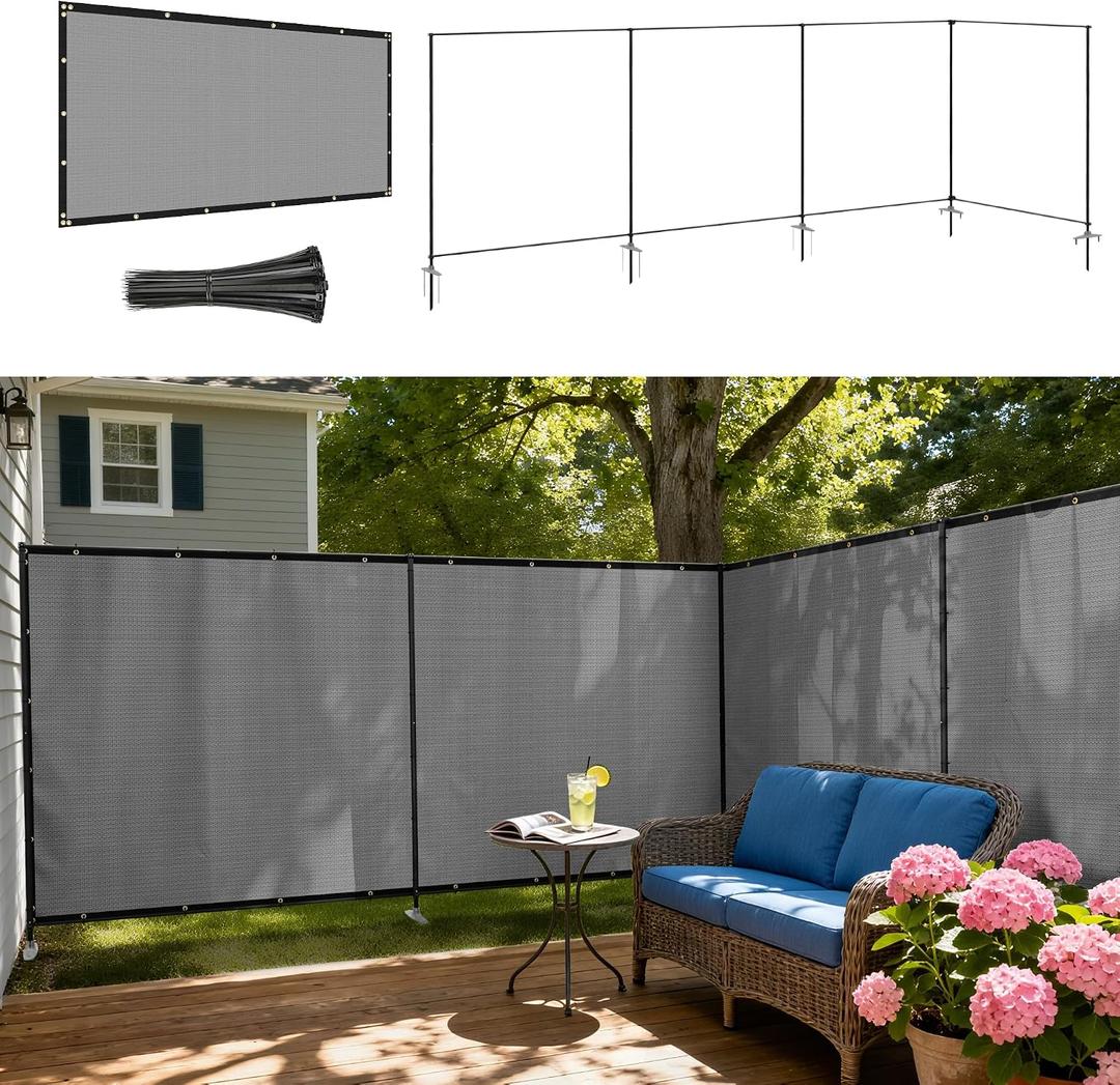 Windscreen4less Outdoor Privacy Fence Screen, 5'x24' Freestanding Privacy Fencing Set with Iron Poles and Ground Spikes, UV Resistant Mesh Cover Garden Pet Fencing for Backyard Patio Pool, Light Gray