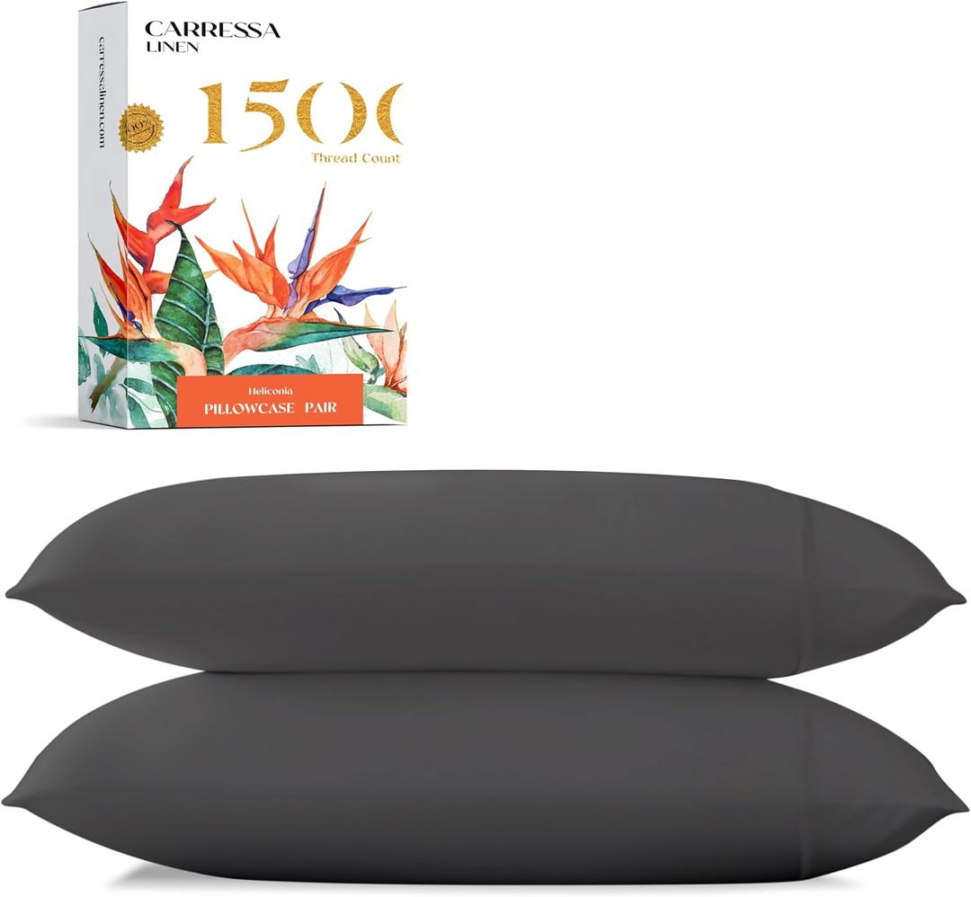 Carressa Linen 100% Egyptian Cotton Queen Pillow Cases Set of 2 - Luxury 1500 Thread Count Standard/Queen Size Pillowcases (Dark Grey), Soft, Cooling, Sateen Weave Hotel Quality Cotton Pillowcases