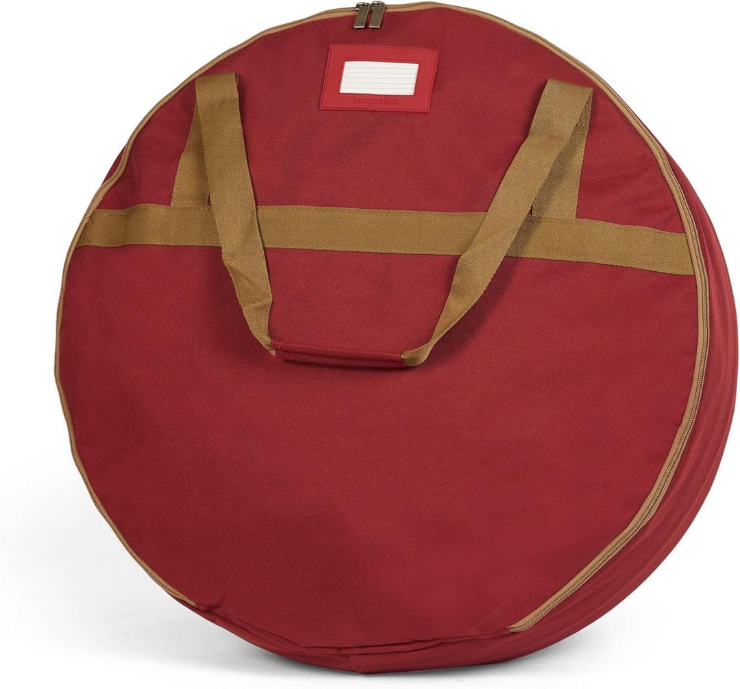 Covermates Keepsakes Wreath Storage Bag  Heavy-Duty Polyester with Buckle Straps & Interior Pouch  Protective Holiday Wreath Organizer with Handles, D-Ring & Label Window, Red (24 Diameter x 7H - Standard)