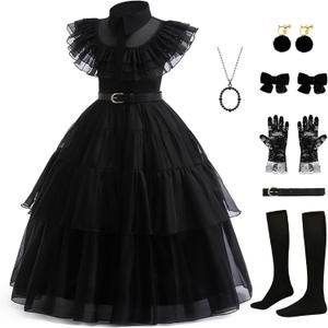 Black Dress Up Costume for Girls Birthday Party Halloween Cosplay Outfit with Accessories 3-12Y (11-12 Years)