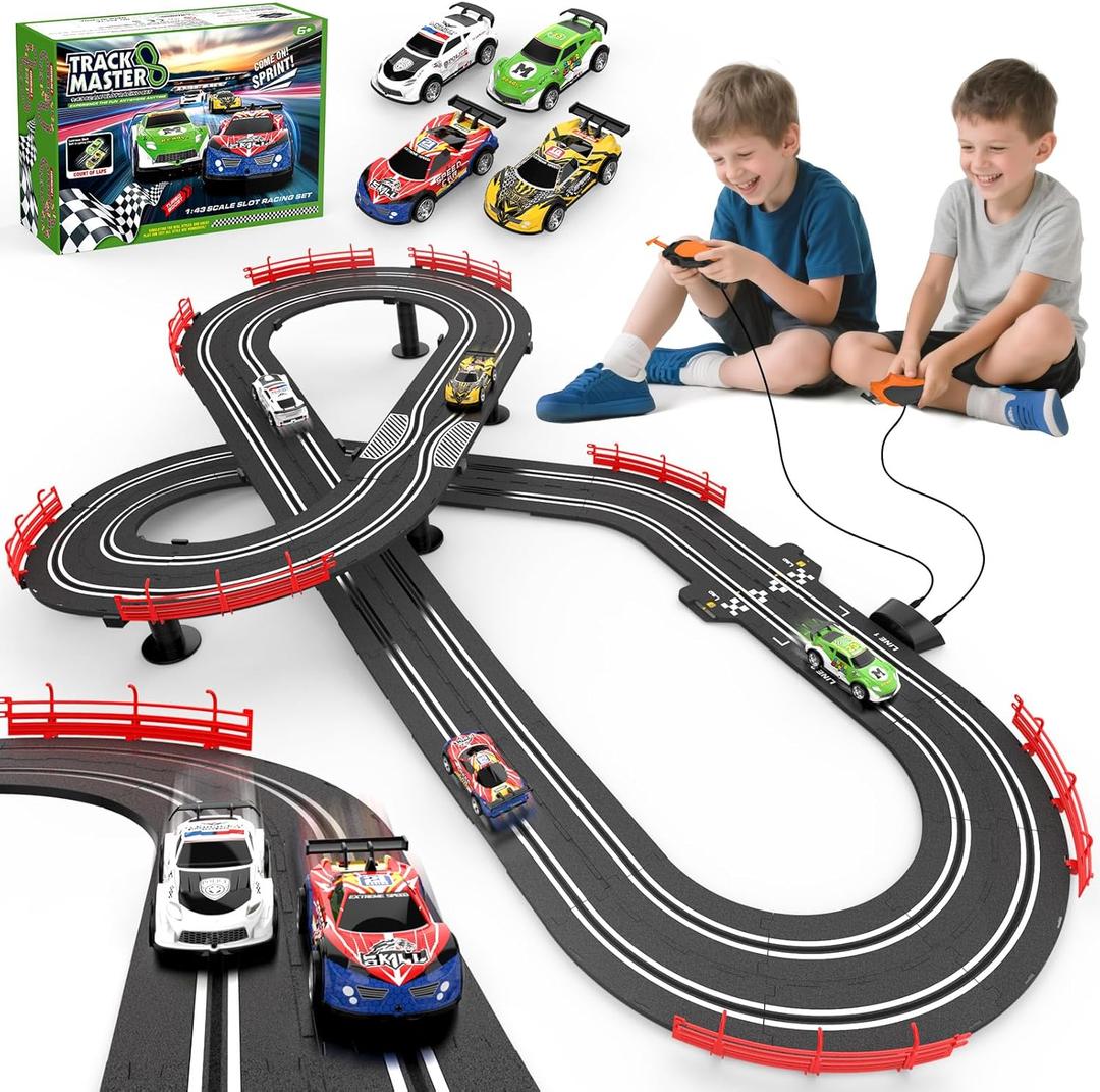 3-in-1 Slot Car Race Track Set with 4 High-Speed Cars, Electric Track, Dual Racing Game with Lap Counter & 2 Controllers, and Circular Overpass Design  Toy Gift for Boys Kids Ages 4-6 6-8 8-12