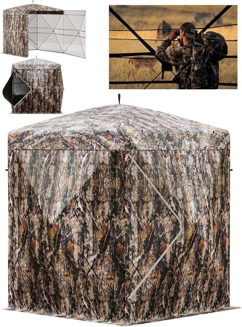 270 Camouflage Hunting Blind Portable Pop-Up Tent with Shoot-Through Mesh, Waterproof Ground Blind for Deer Hunting, 2-3 & 3-4 Person Capacity & Carry Bag