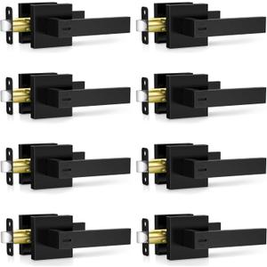 Plustool 8 Pack Matte Black Door Handles Interior, Keyless Interior Door Knobs, Privacy Door Locks for Bedroom Bathroom, Heavy Duty Square Door Lever Locksets, Reversible for Left&Right Handled Doors