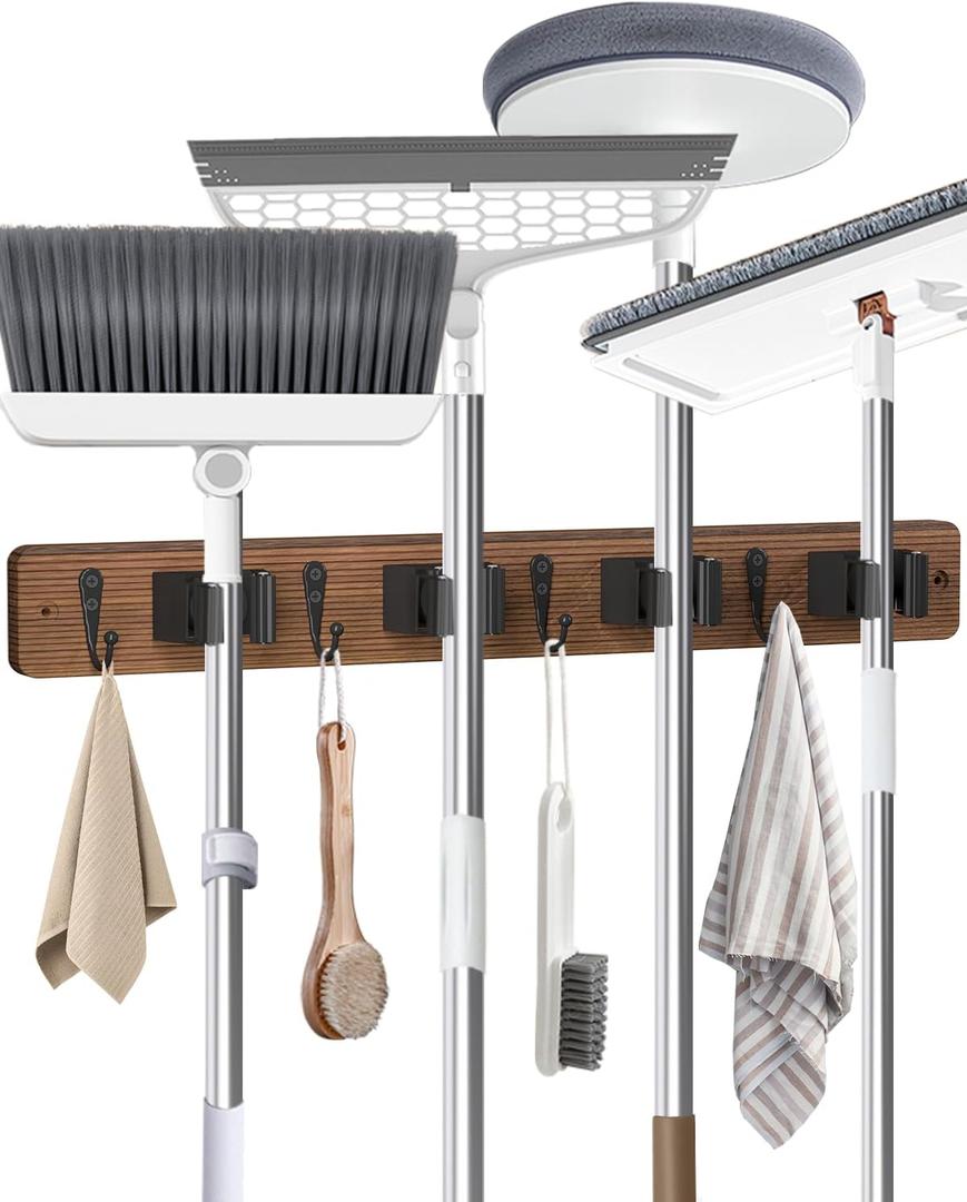 Broom Holder Wall Mounted, 4 Holders and 4 Hooks Mop Holder, Wooden Mop and Broom Holder with Anti slip rubber, Natural pine wood Brush Holder, Mop Wall Holde with Nail installation, Room Storage (1 Pack, Brown)