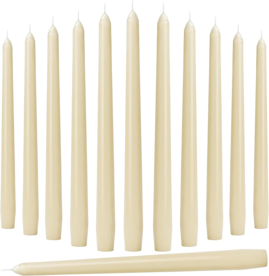 10-Inch Ivory Taper Candles - Dripless Smokeless Tapered Candle Cream Unscented Candlesticks Paraffin Wax Long Slow Burning Tall Candle Sticks for Dinner Business Wedding Restaurants 12 Pack