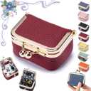 Genuine Leather Mini Jewelry Box, Portable Vintage-Inspired Genuine Leather Coin Purse Jewelry Case with Kiss Lock, Mini Travel Ring Box for Women for Earring/Ring/Necklace/Bracelet(Red)