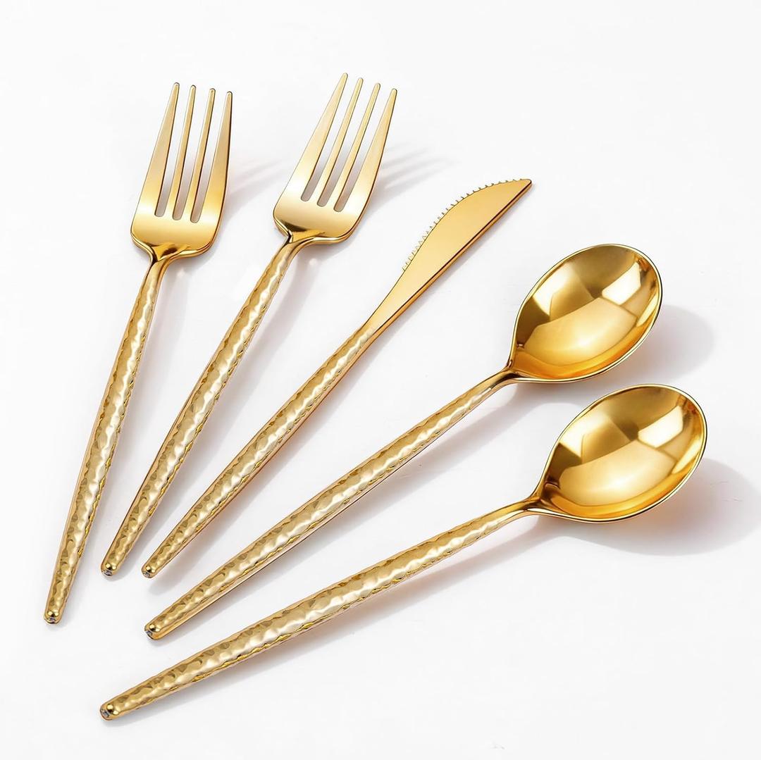 Rubtlamp 90Pcs Gold Plastic Silverware, Gold Disposable Utensils, Hammered Plastic Silverware, Gold Plastic Forks And Spoons Set Include 30 Forks, 30 Knives,30 Spoons For Easter