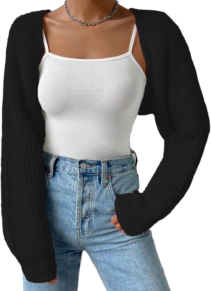 Women Open Front Ribbed Knit Crop Bolero Drop Shoulder Long Sleeve Solid Loose Fit Knitted Crop Cardigan Shrug (Large, Black)