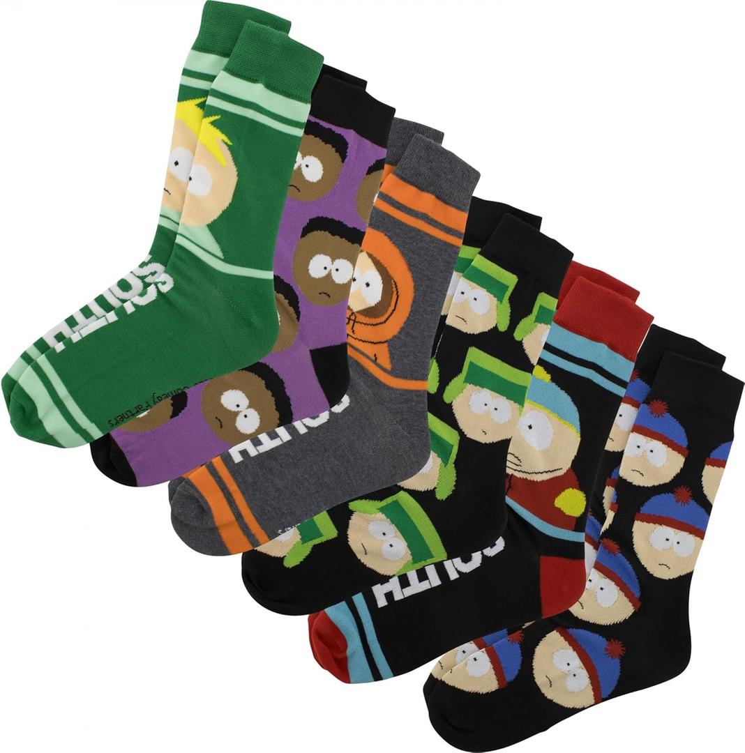 Hyp South Park 6 Pair Pack Novelty Crew Socks for Men - Stan, Kyle, Cartman, Kenny, Butters, Towelie, Shoe Size 6-12 (Black)