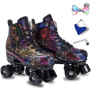 Roller Skates Women Men - Microfiber Leather Roller Skate Classic High Top Double Row Roller Skates for Indoor Outdoor with Light up Shoe Laces,(37-38)