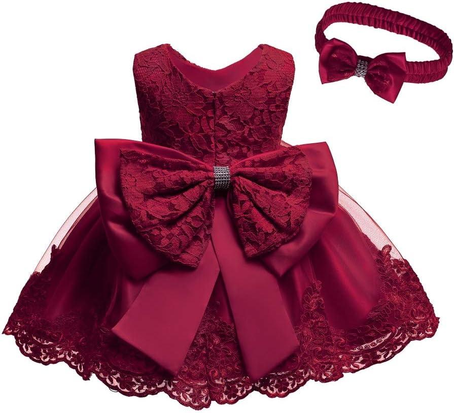0-6T Toddler Baby Girl Embroidered Tutu Ball Gown Lace Dresses with Headwear (3-6 Months, Burgundy)